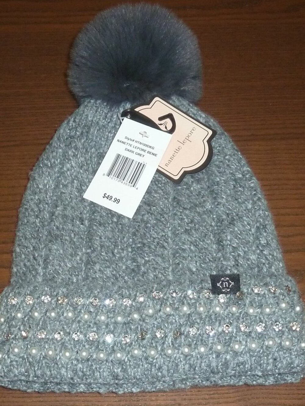 New Nanette Lepore Womens Grey Knit Beanie With Pom Pom Bling Rhinestone